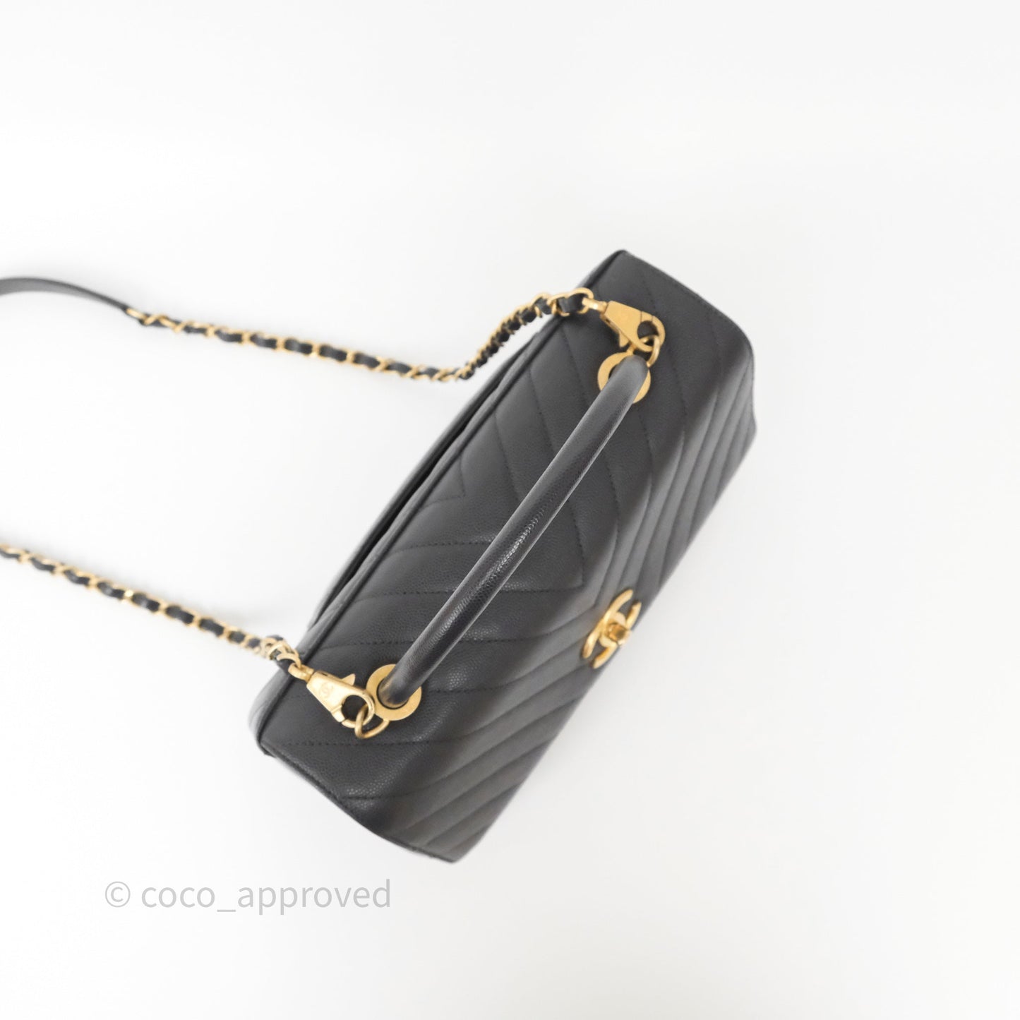 Chanel Medium Coco Handle Chevron Dark Grey Caviar Aged Gold Hardware