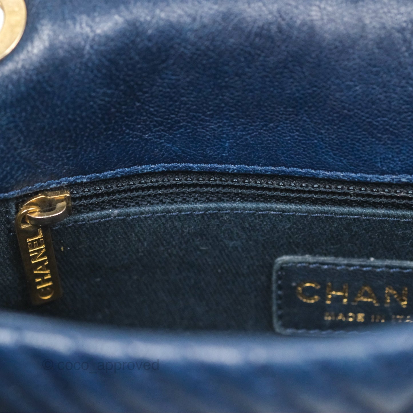 Chanel Small Chevron Surpique Flap Navy Calfskin Aged Gold Hardware