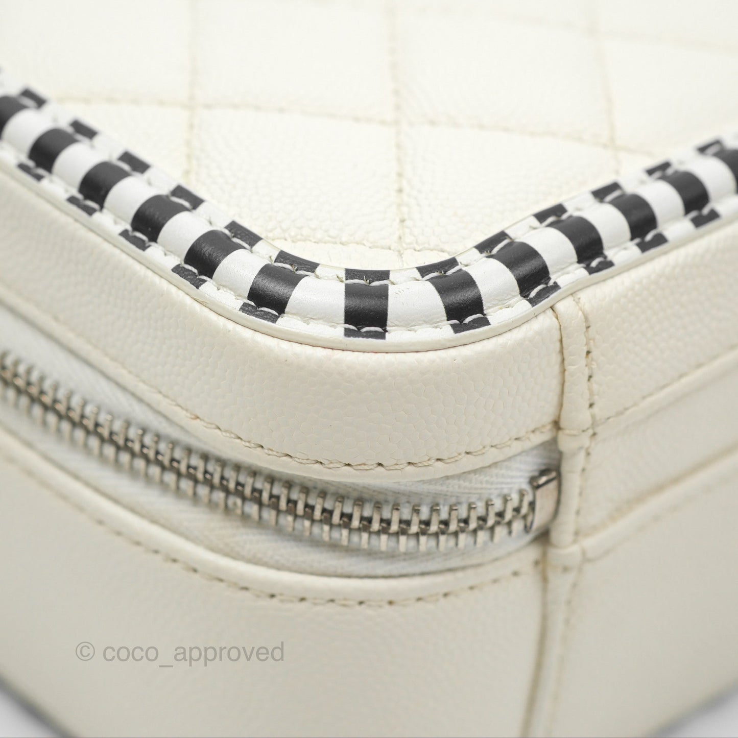 Chanel Quilted Medium CC Filigree Vanity Case White Black Stripe Caviar Silver Hardware