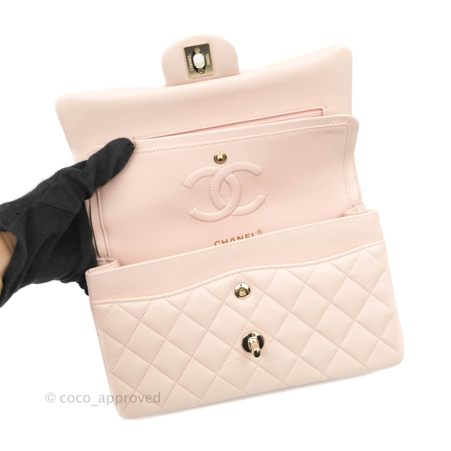 Chanel Classic Small S/M Flap Rose Clair Pink Caviar Gold Hardware 21C