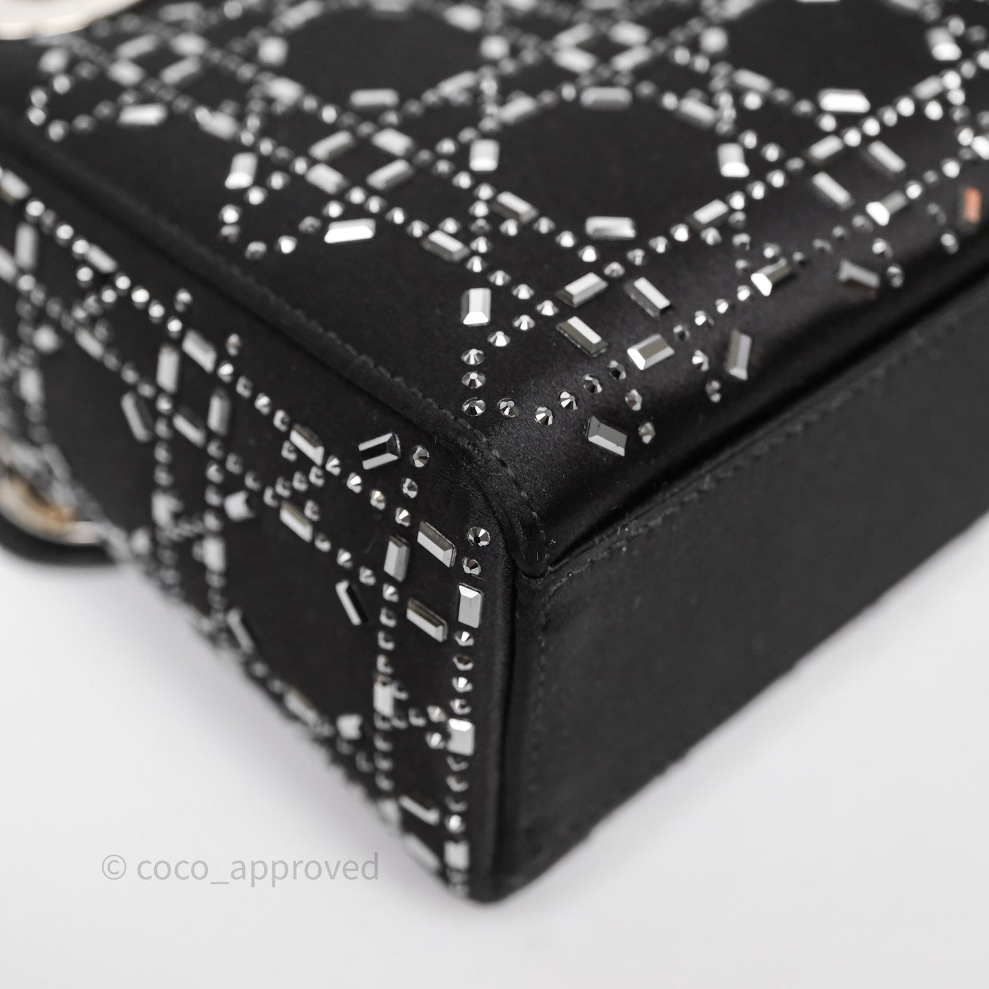 Christian Dior Mini Lady Dior Bag Black Strass Cannage Satin Silver Hardware