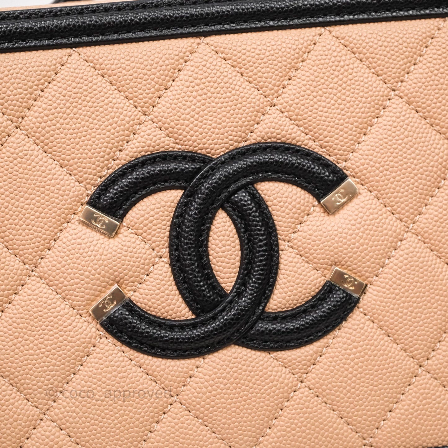 Chanel Quilted New Small CC Filigree Vanity Case Beige Caviar Gold Hardware
