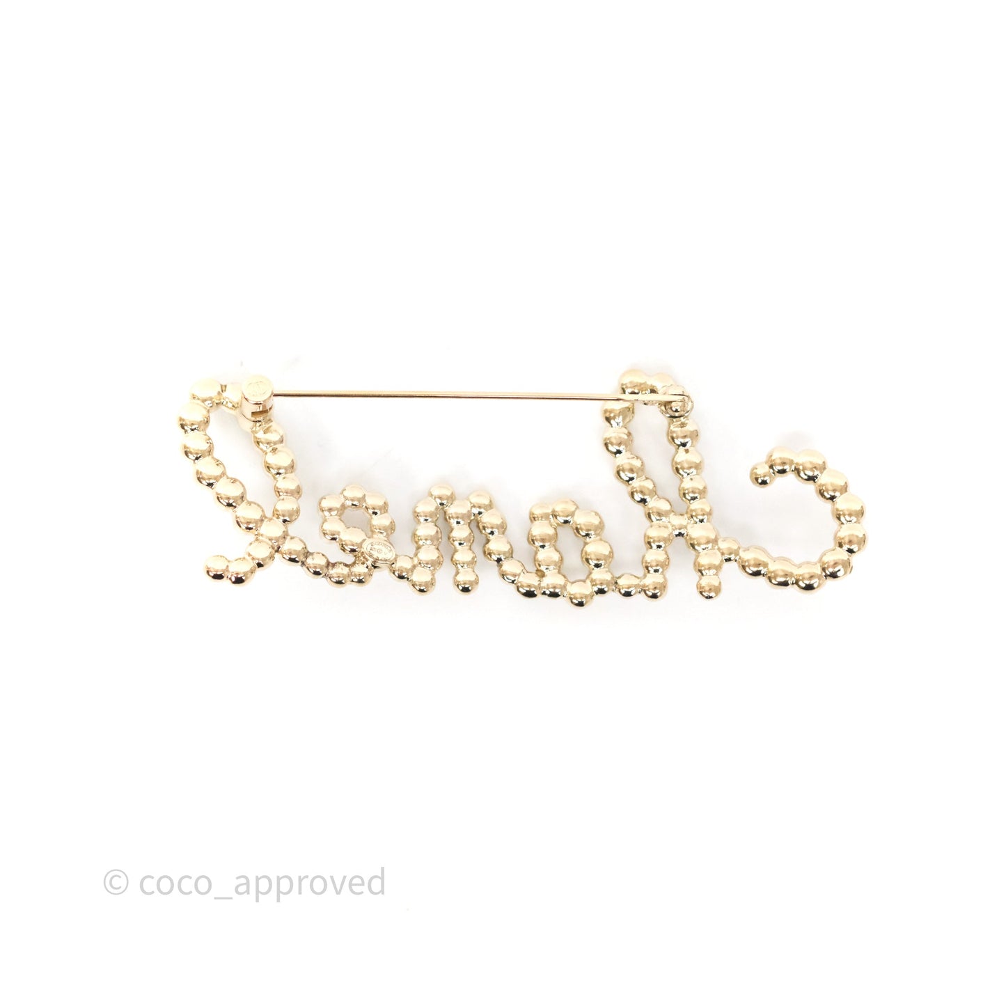 Chanel Logo Pearl Crystal Brooch Gold Tone 20V