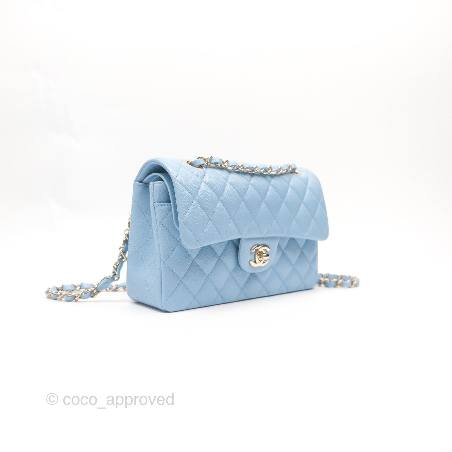 Chanel Small Classic Quilted Flap Light Blue Caviar Gold Hardware