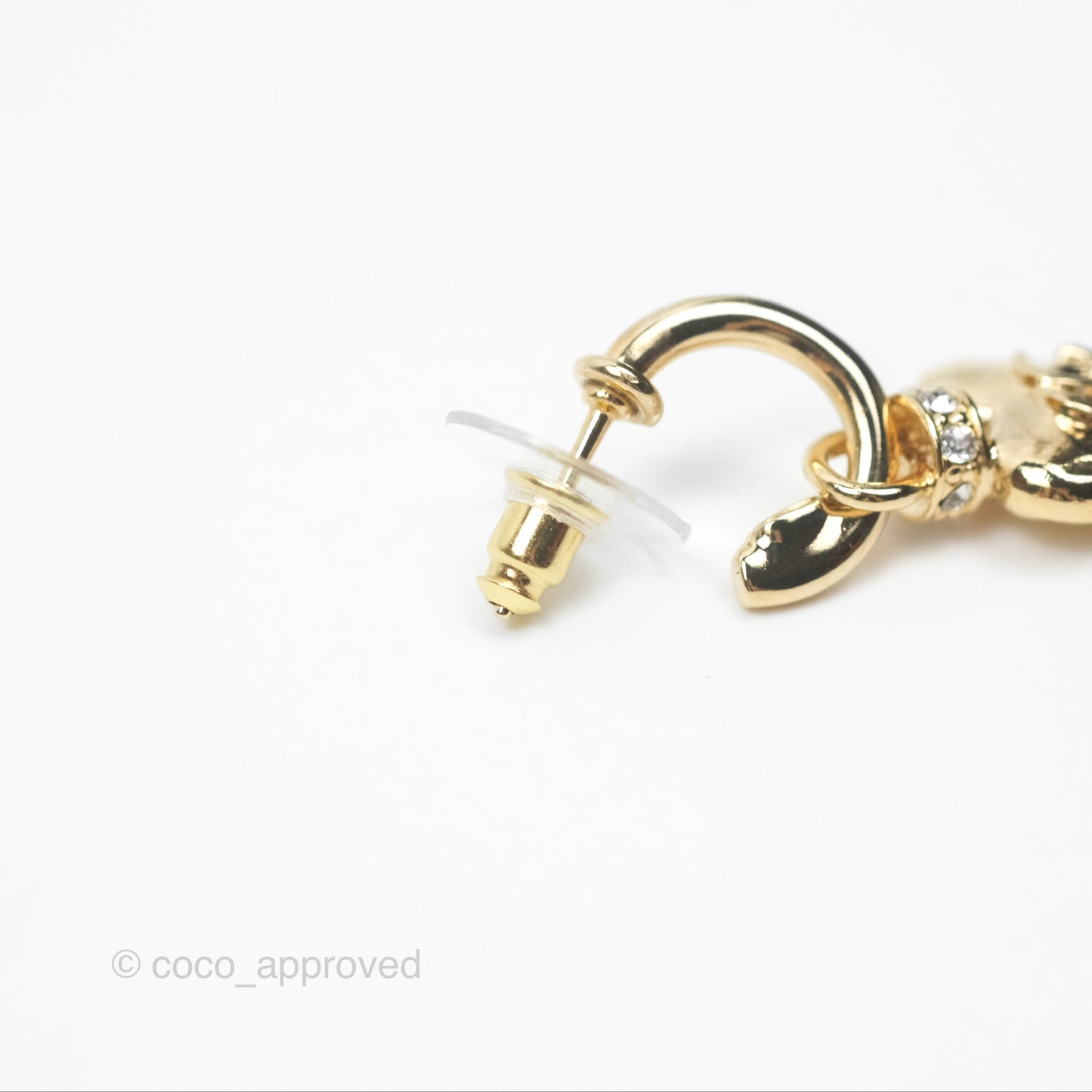 Chanel Heart CC Crystal Drop Hoop Earrings Gold Tone 24P