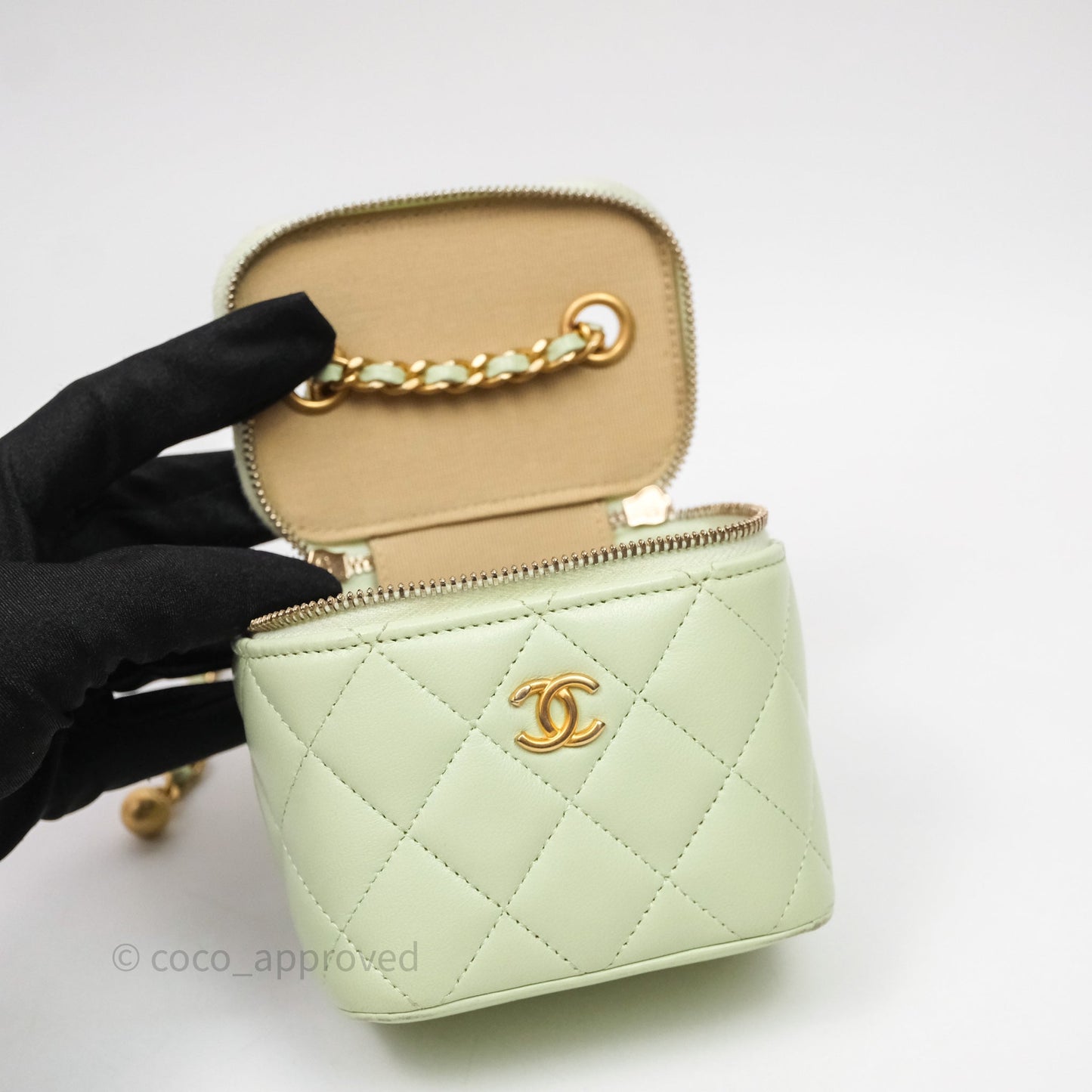 Chanel Mini Pearl Crush Vanity With Chain Green Aged Gold Hardware