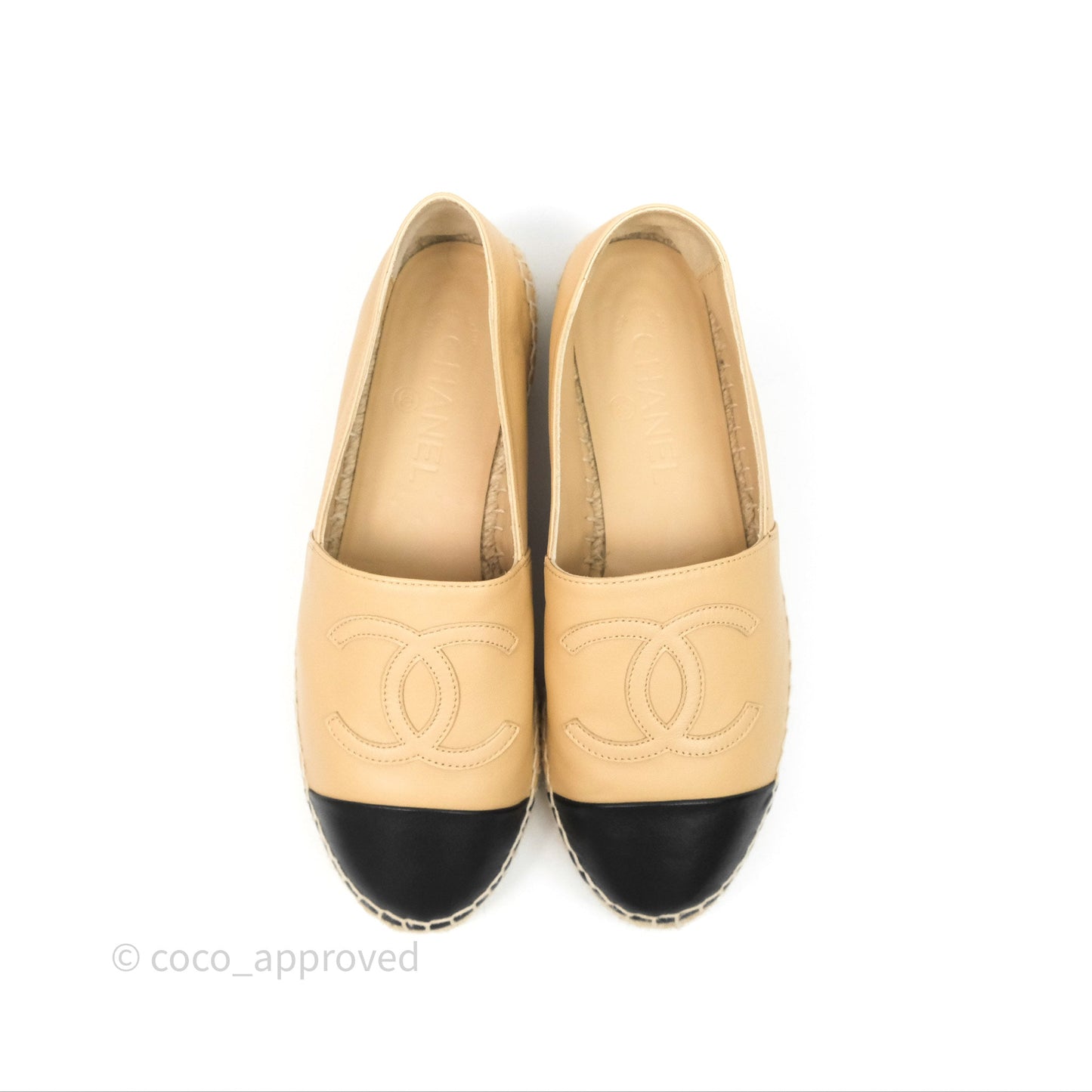 Chanel CC Espadrilles Beige Black Lambskin Size 38