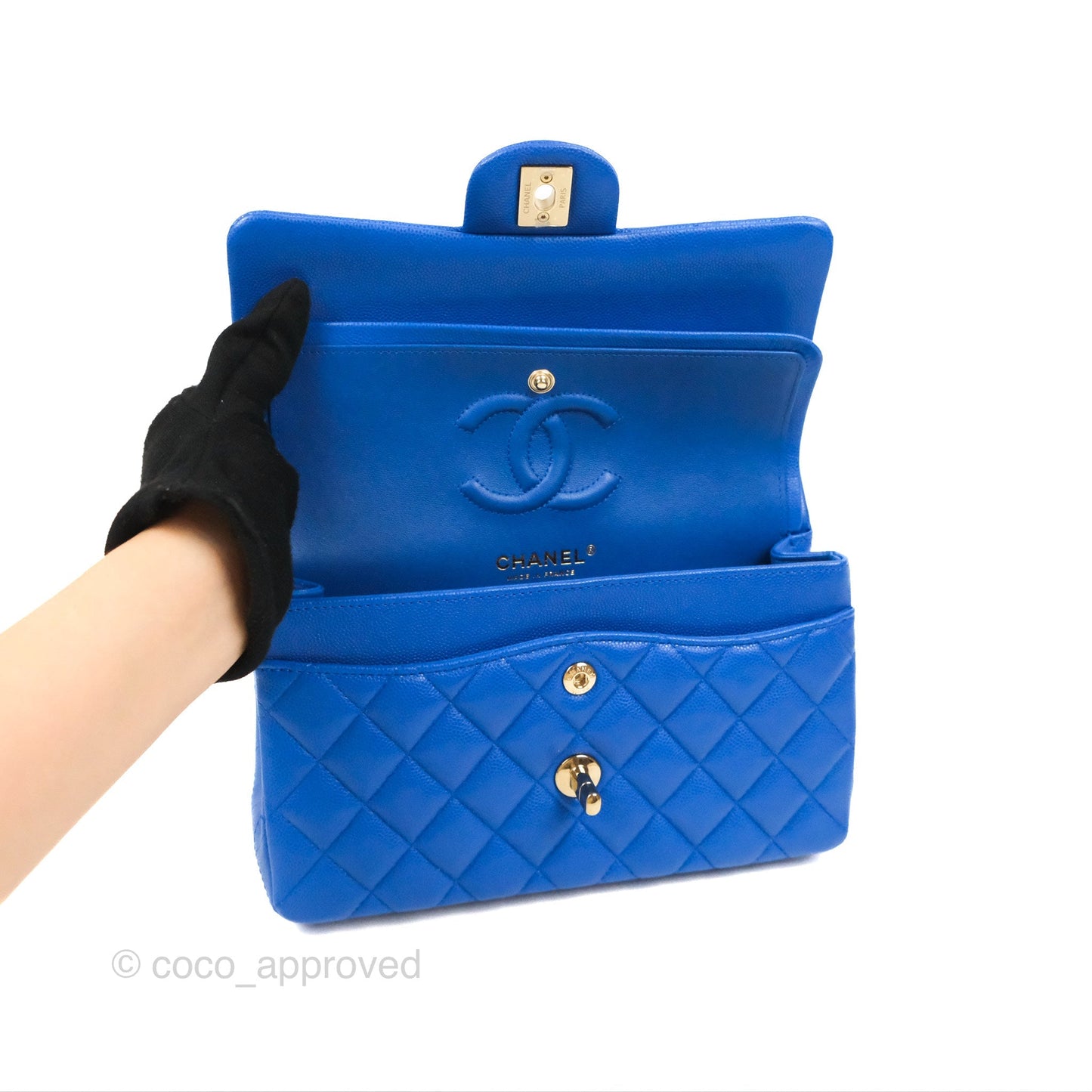 Chanel Small Classic Quilted Flap Blue Caviar Gold Hardware