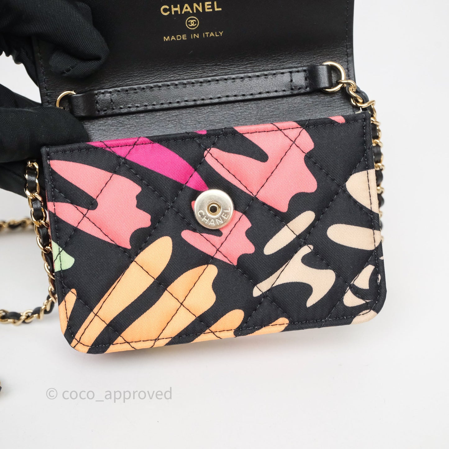 Chanel Mini Wallet With Chain CC Floral Printed Fabric Gold Hardware