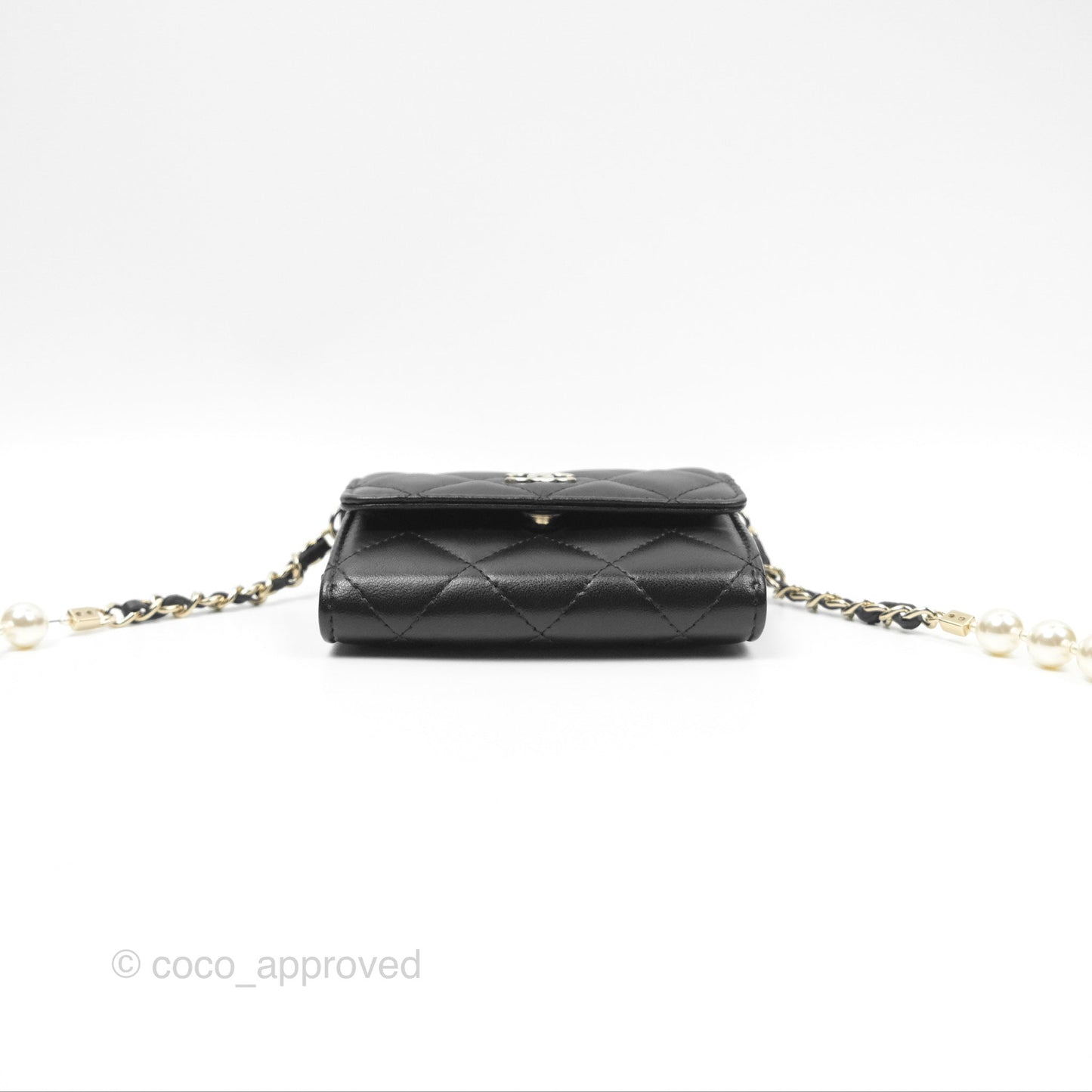Chanel Mini Clutch With Pearl Chain Black Lambskin Gold Hardware