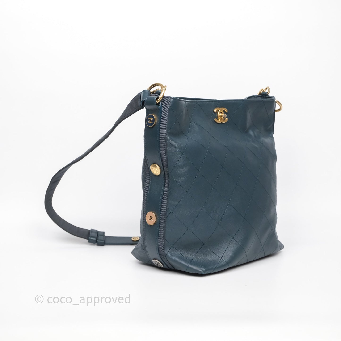 Chanel Button Up Hobo Bag Quilted Teal Calfskin Aged Gold Hardware