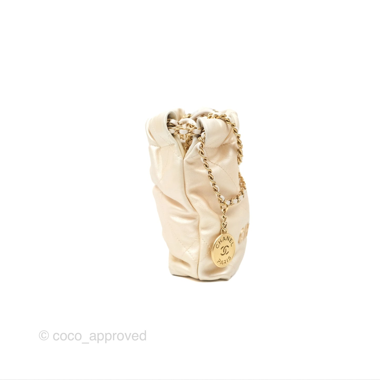 Chanel 22 Mini Bag Iridescent Light Pearly Calfskin Aged Gold Hardware