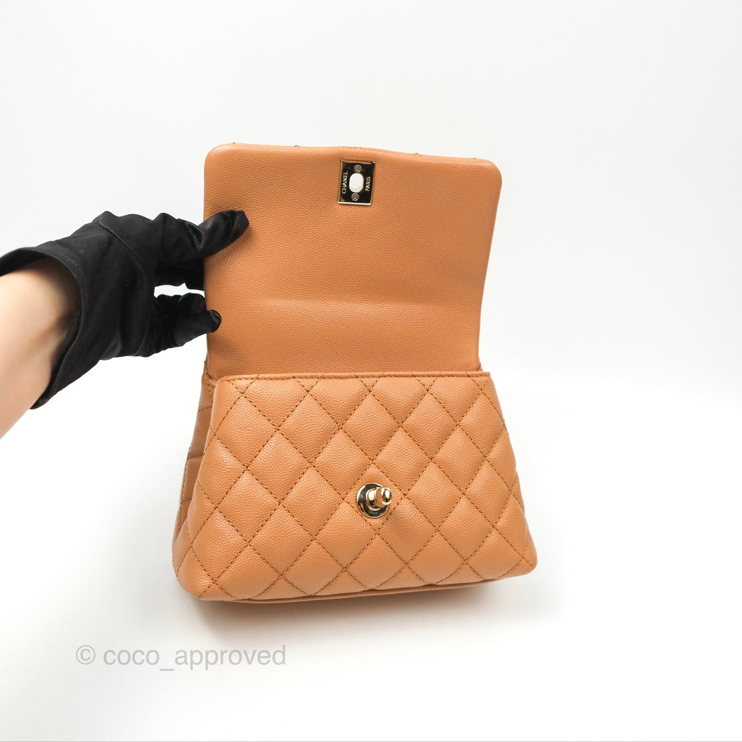 Chanel Mini Coco Handle Dark Beige Caviar Lizard Handle Gold Hardware