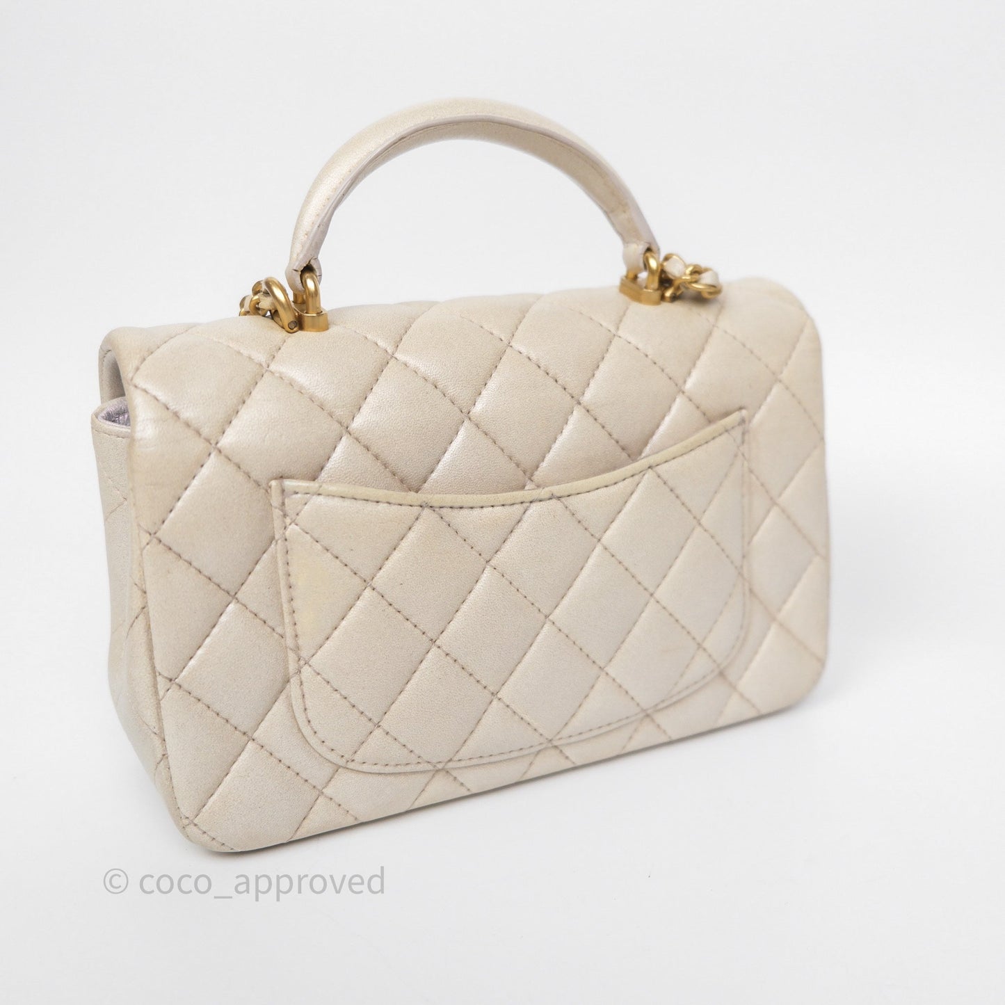 Chanel Top Handle Mini Rectangular Flap Pearly Beige Oat Lambskin Aged Gold Hardware