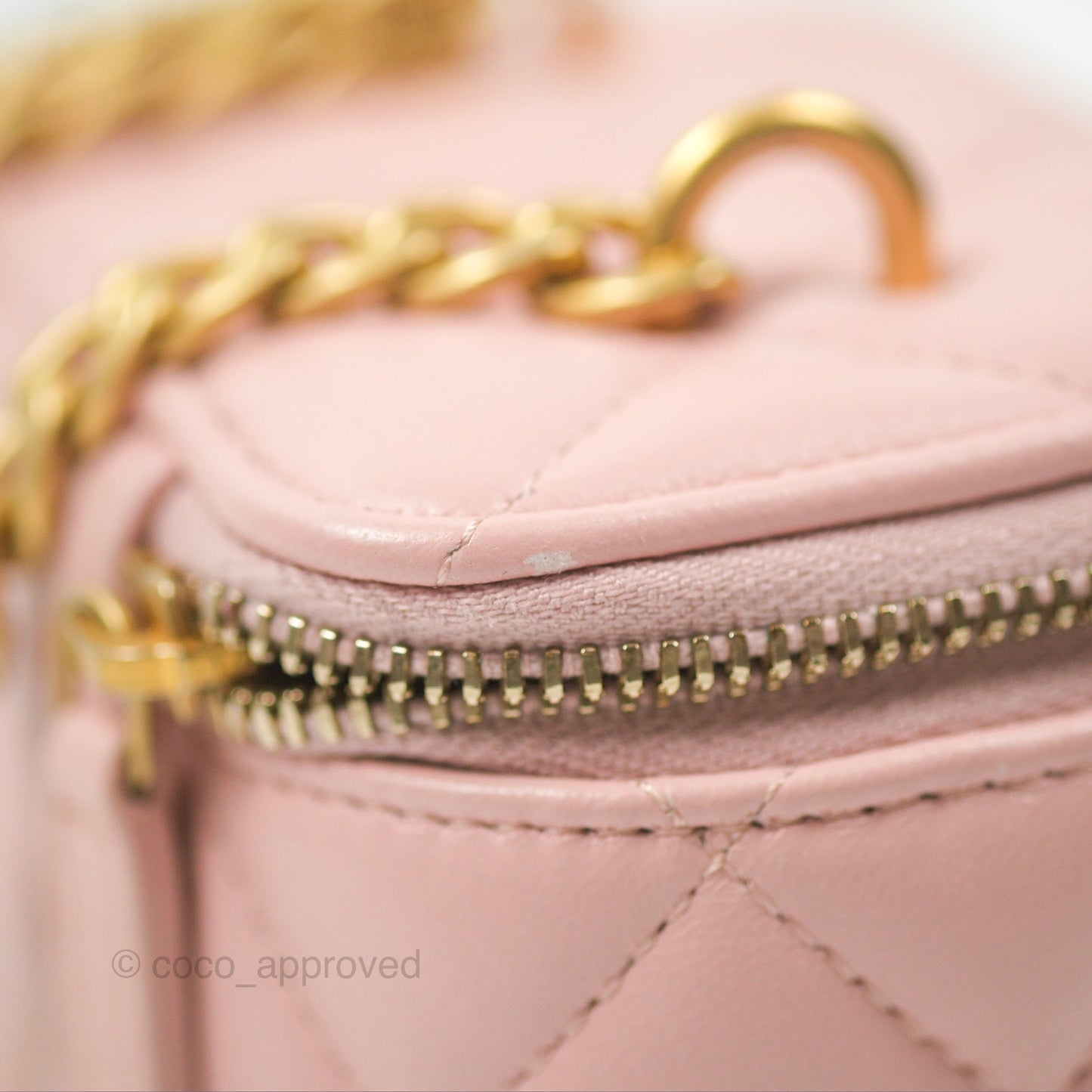 Chanel Mini Vanity With Chain Adjustable Camellia Light Pink Lambskin Aged Gold Hardware