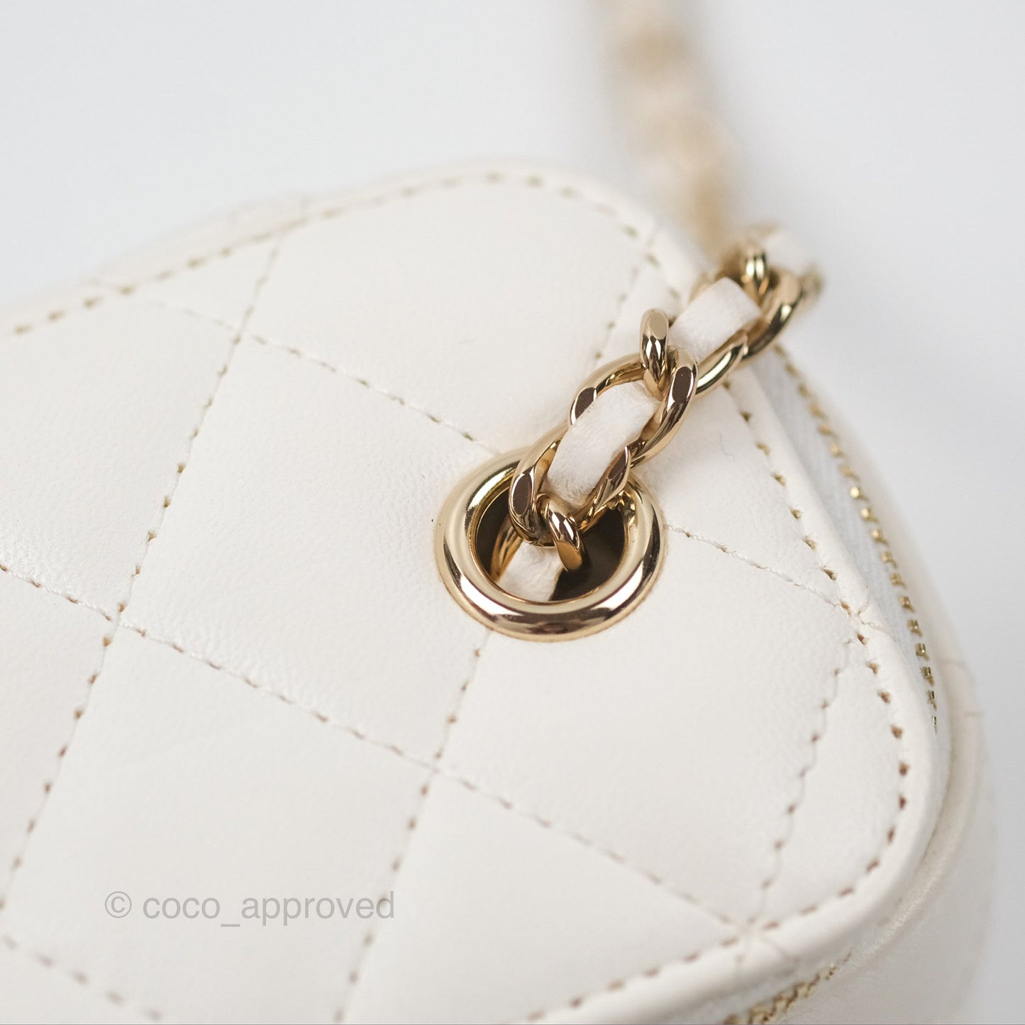 Chanel Camellia White Quilted Lambskin Mini Vanity with Chain Gold Hardware