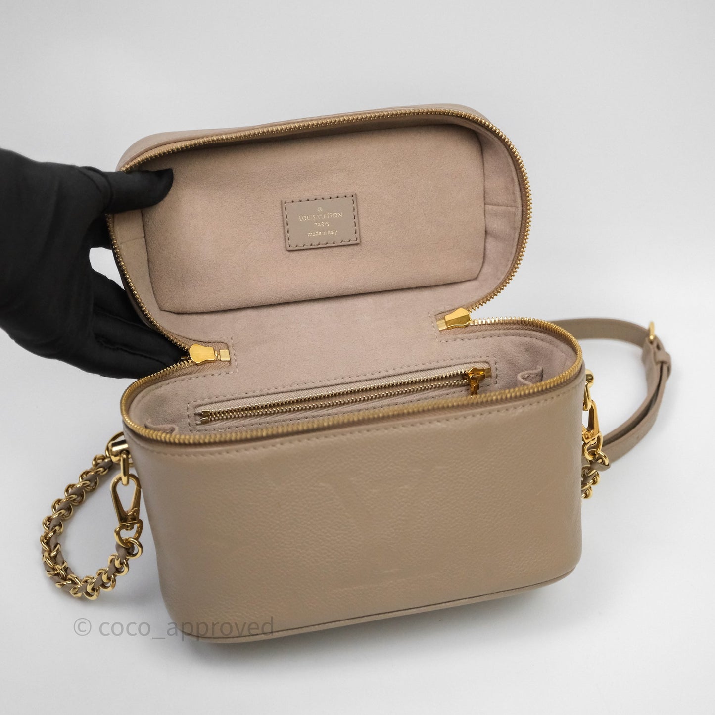 Louis Vuitton Monogram Empreinte Tourterelle Vanity PM Beige Gold Hardware