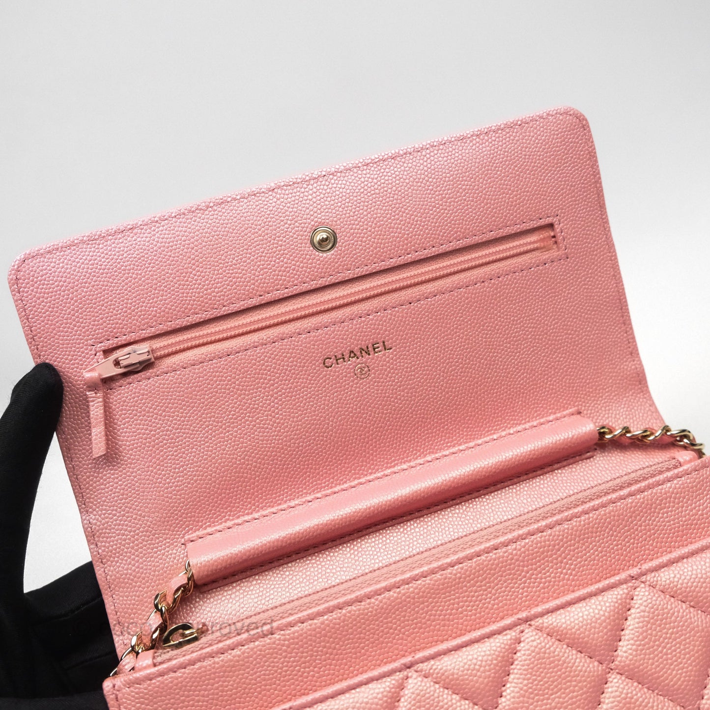 Chanel Classic Quilted Wallet on Chain WOC Iridescent Pink Caviar Gold Hardware