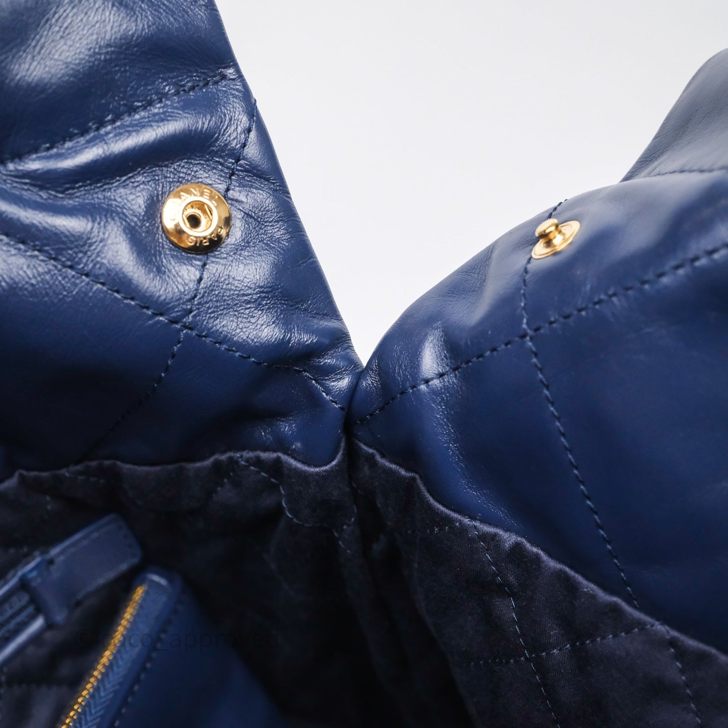Chanel 22 Small Blue Shiny Calfskin Aged Gold Hardware
