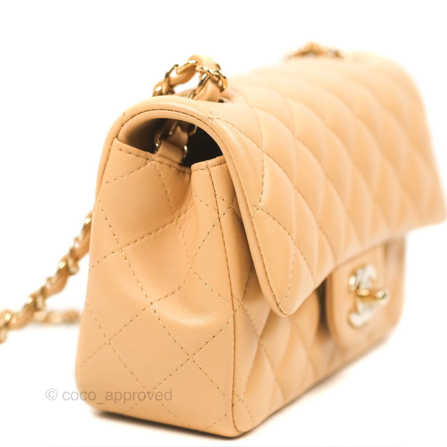 Chanel Quilted Mini Rectangular Flap Beige Lambskin Gold Hardware