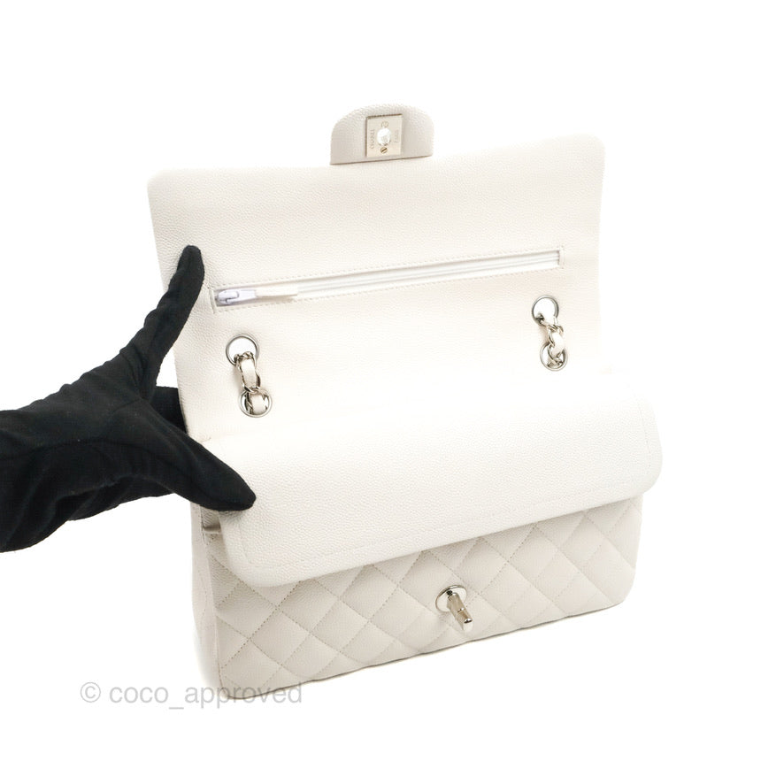 Chanel Classic M/L Medium Double Flap White Caviar Silver Hardware