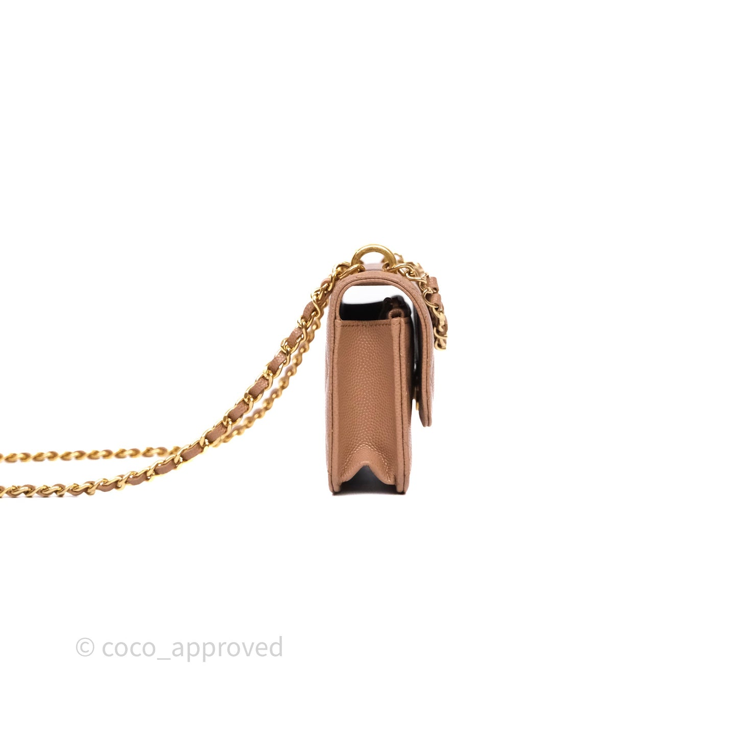 Chanel Coco First Phone Holder Dark Beige Caviar Gold Hardware 22K
