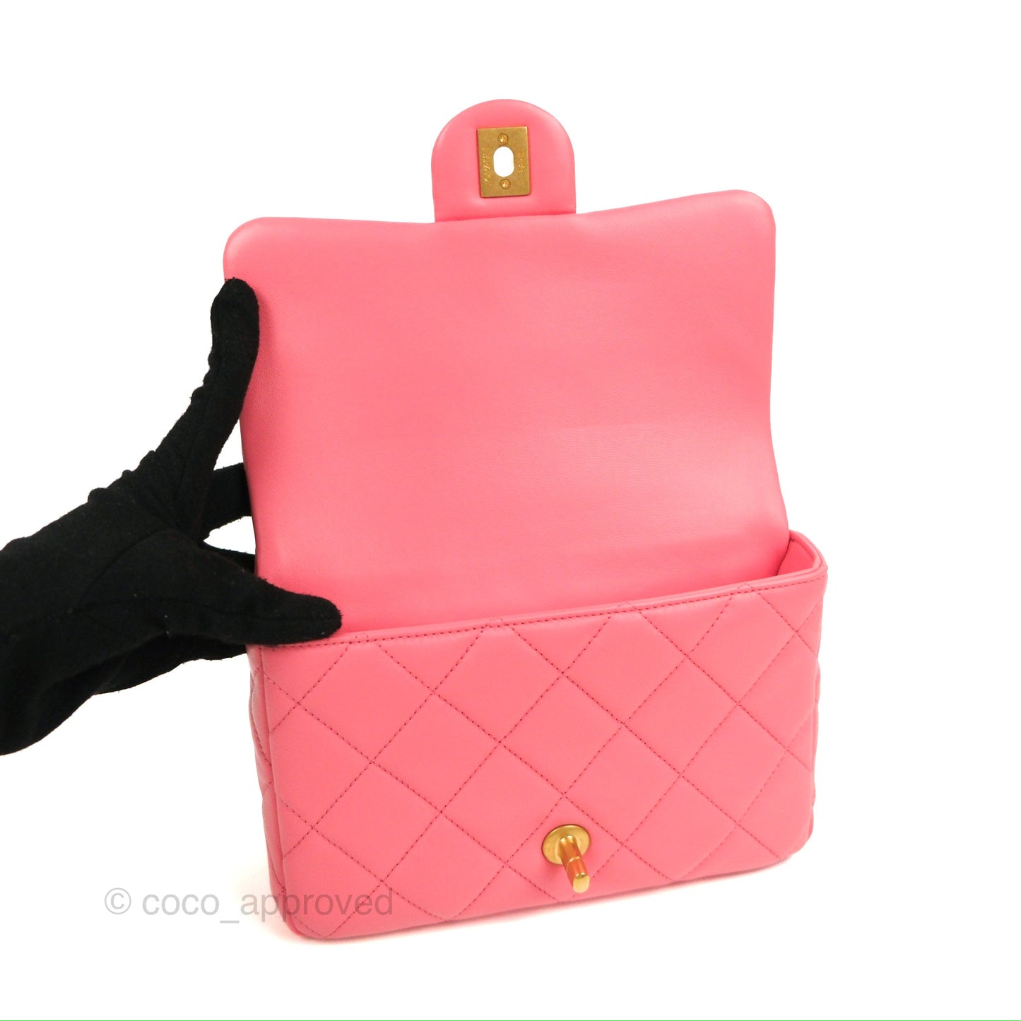 Chanel Quilted Pending CC Enamel Flap Pink Lambskin Aged Gold Hardware 22P
