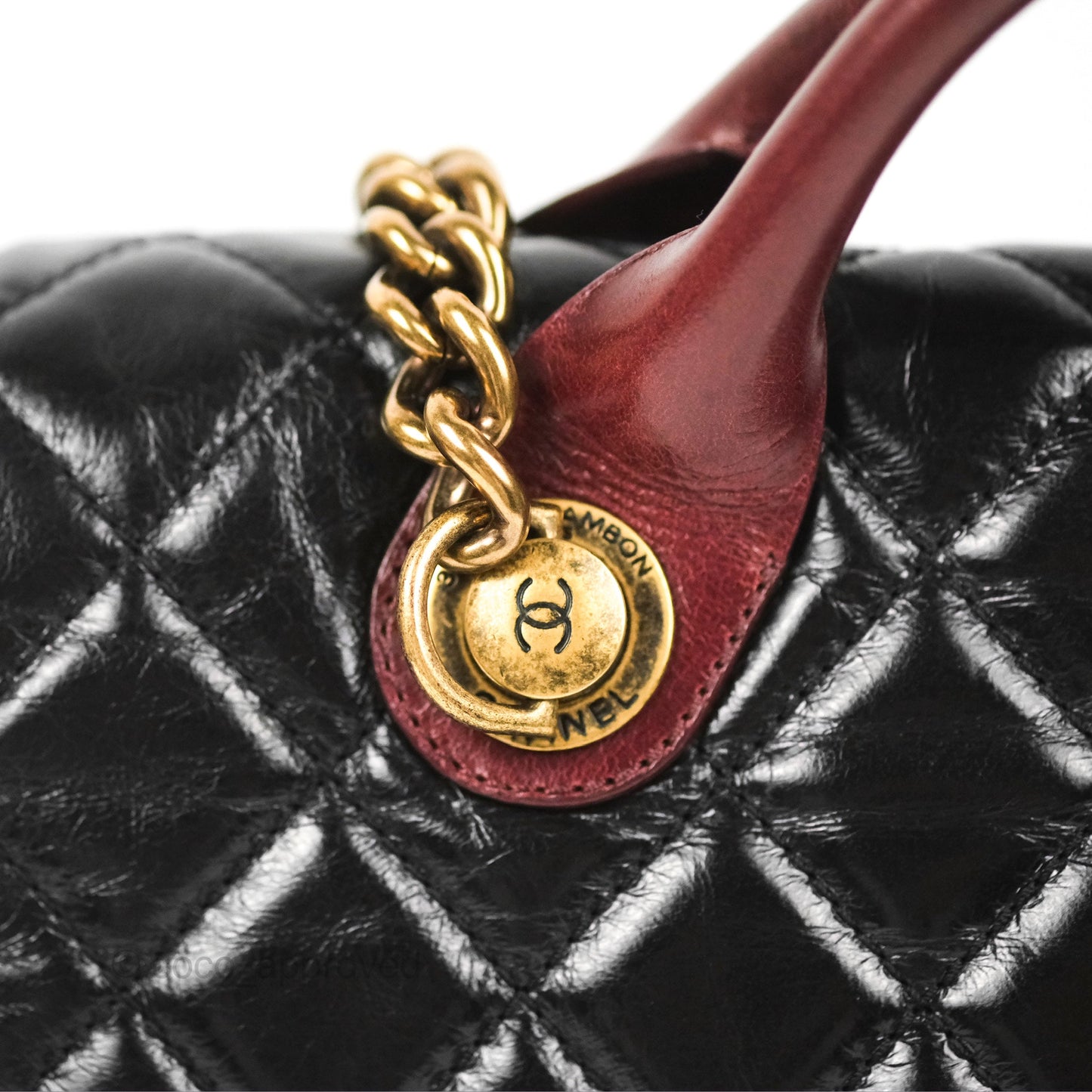 Chanel Large Castle Rock Flap Bag Black Glazed Aged Calfskin Burgundy Handle