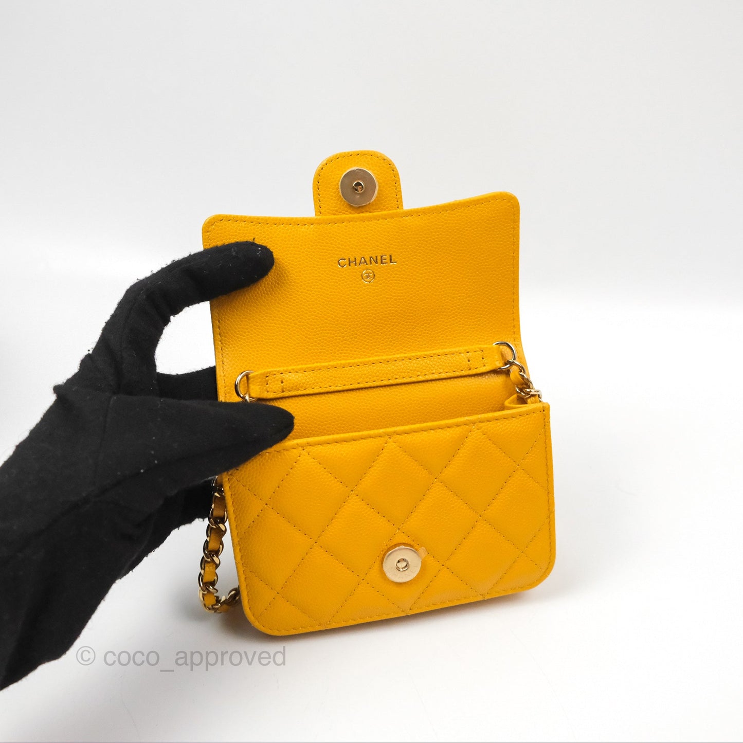 Chanel Mini Wallet With Chain Yellow Caviar Gold Hardware