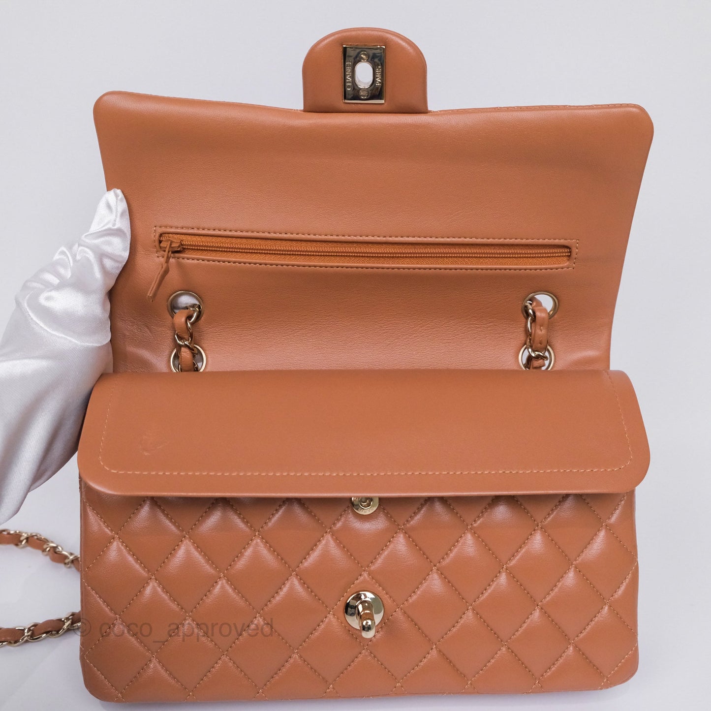 Chanel Medium Classic Quilted Flap Dark Beige Caramel Lambskin Gold Hardware