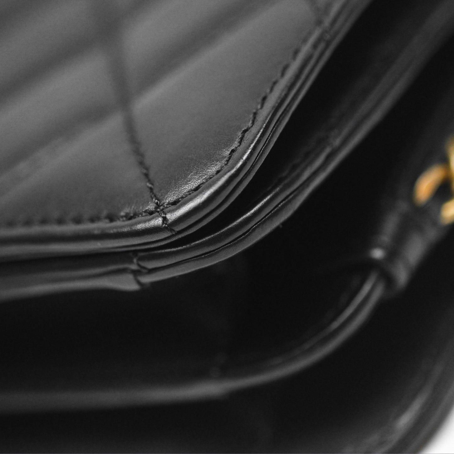 Chanel Quilted Side Chain Flap Bag Black Calfskin Aged Gold Hardware