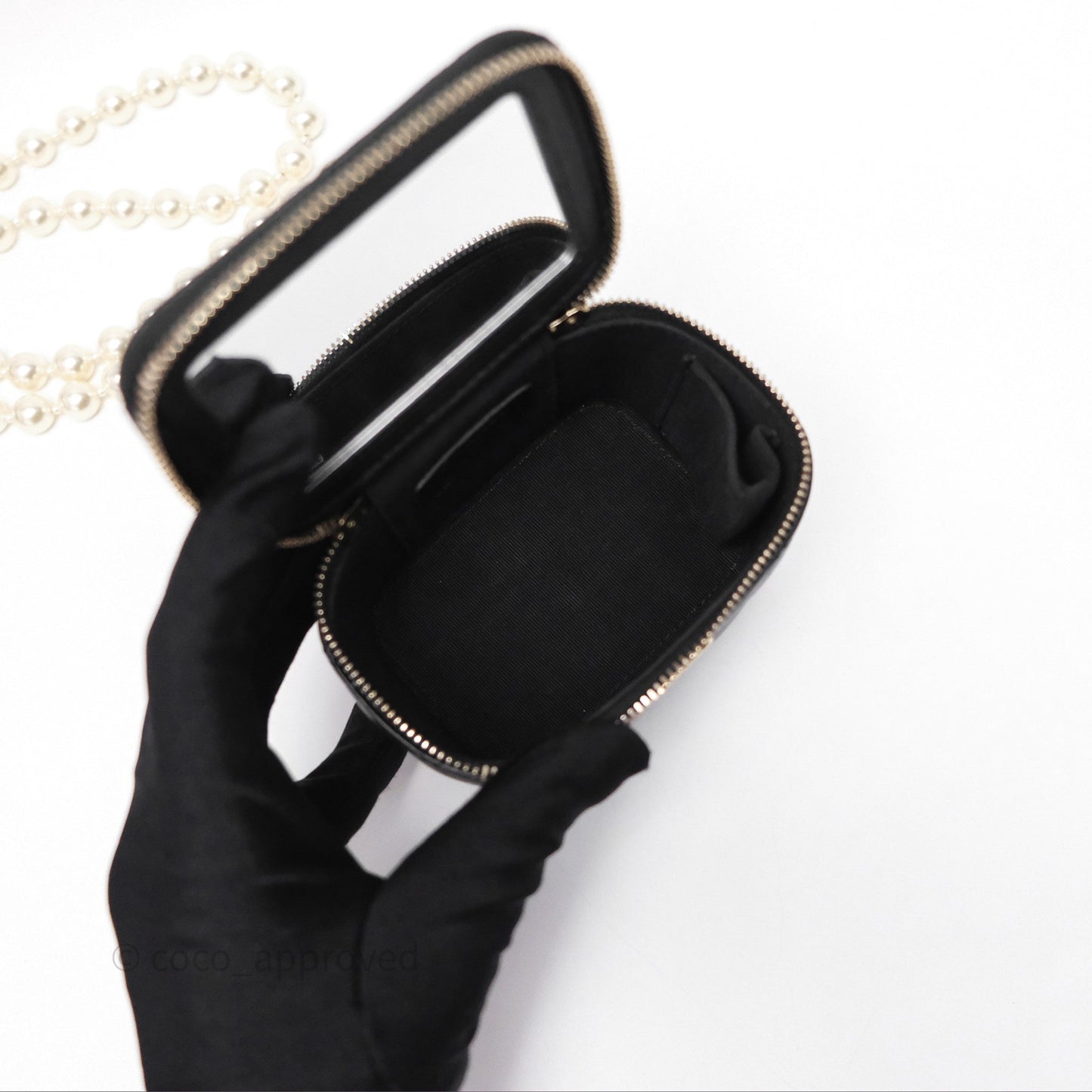 Chanel Mini Vanity With Pearl Chain Black Lambskin Gold Hardware