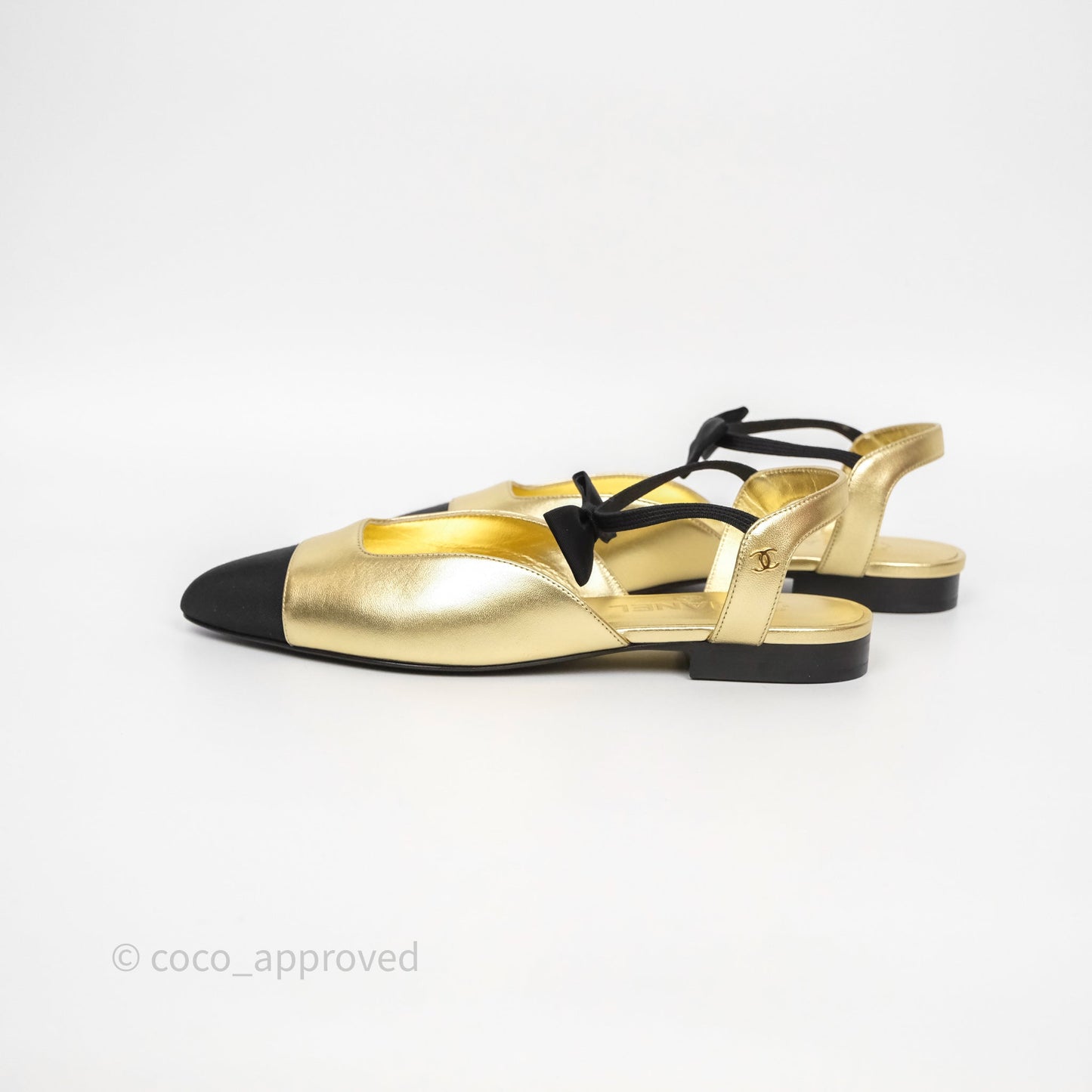 Chanel Bow Two-Tone Slingback Flats Gold/ Black Size 37.5