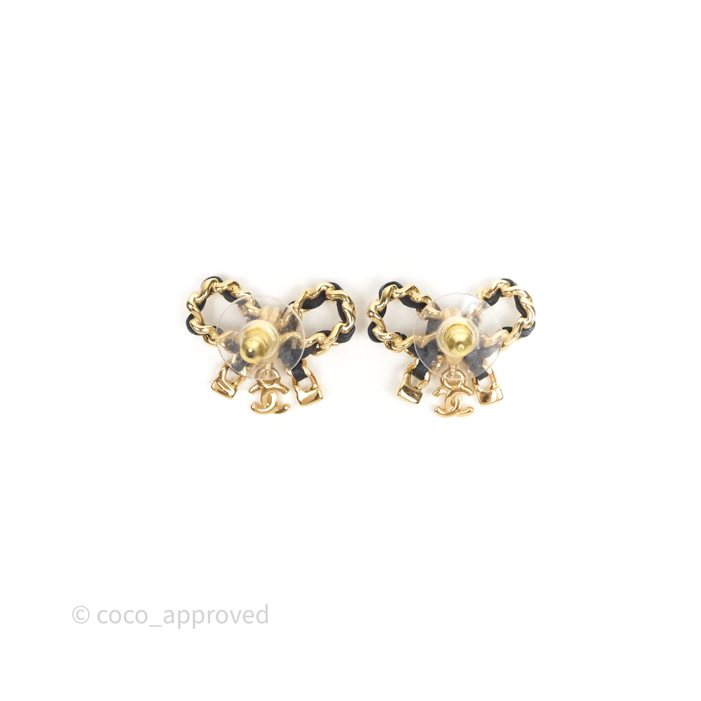 Chanel Lambskin Chain Bow Earrings Black Gold 25V