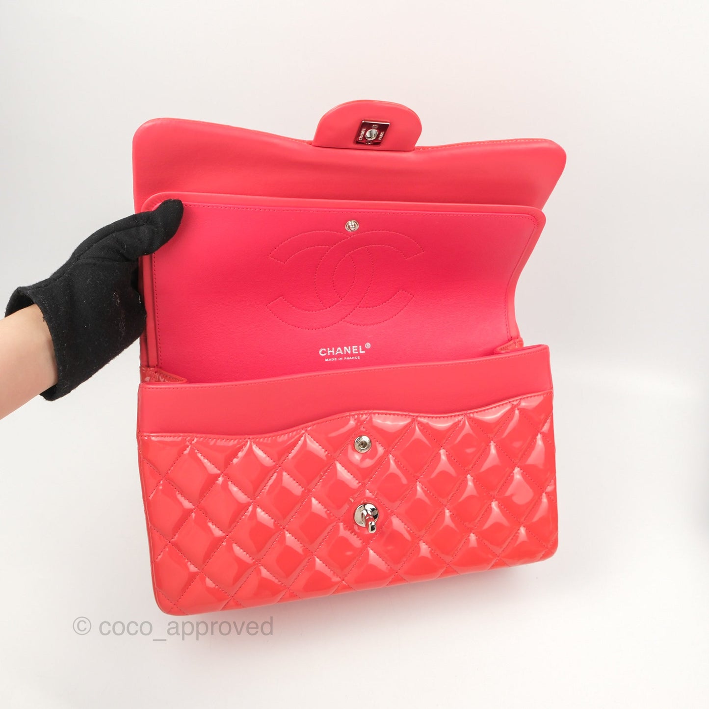 Chanel Jumbo Double Flap Coral Pink Patent Silver Hardware⁣⁣
