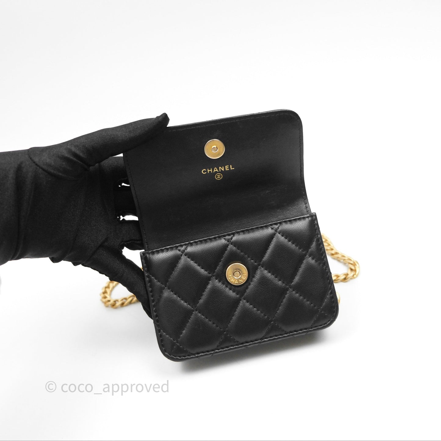Chanel Mini Clutch With Chain Camellia Adjustable Black Lambskin Aged Gold Hardware