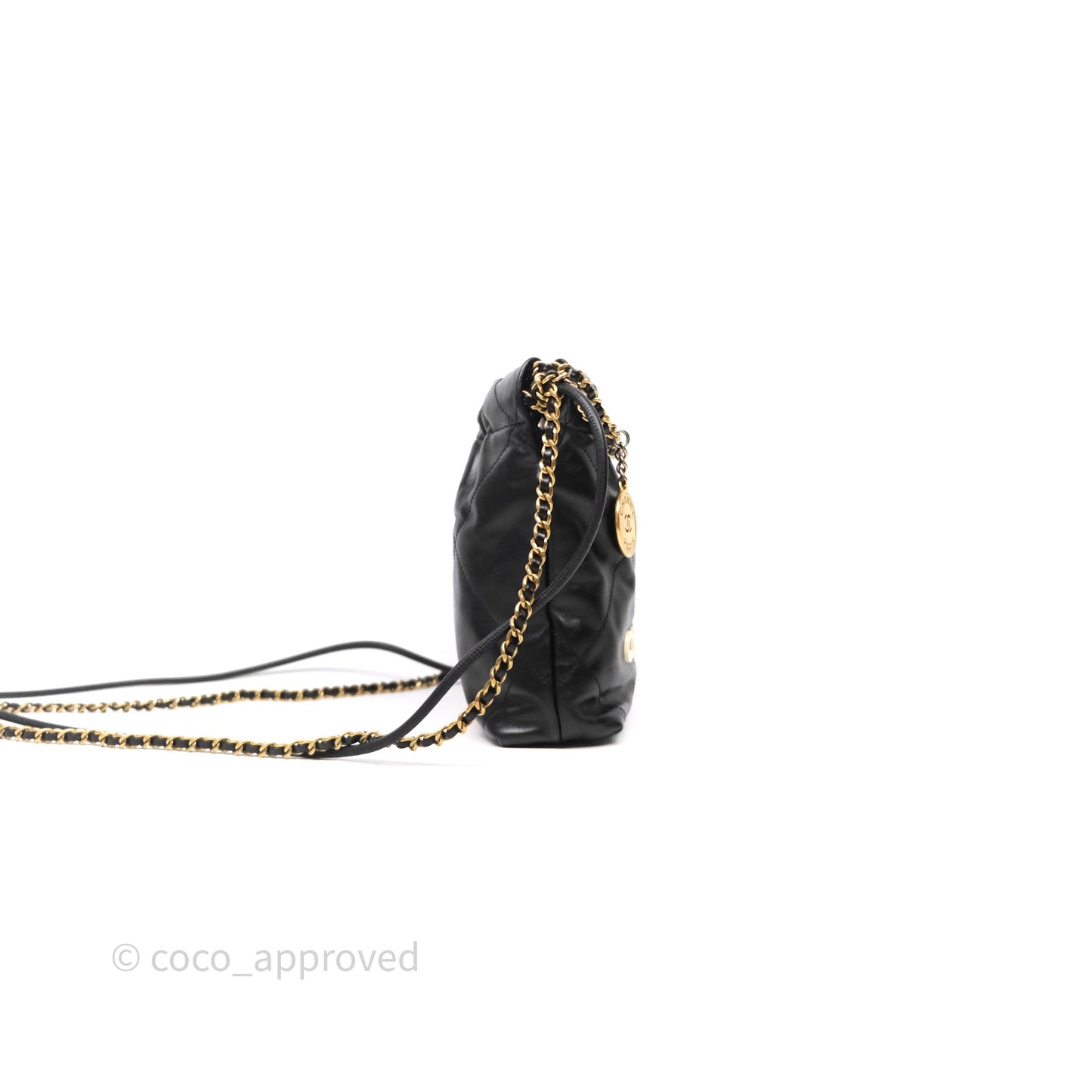 Chanel 22 Mini Bag Black Crumpled Calfskin White Lacquered Metal Logo