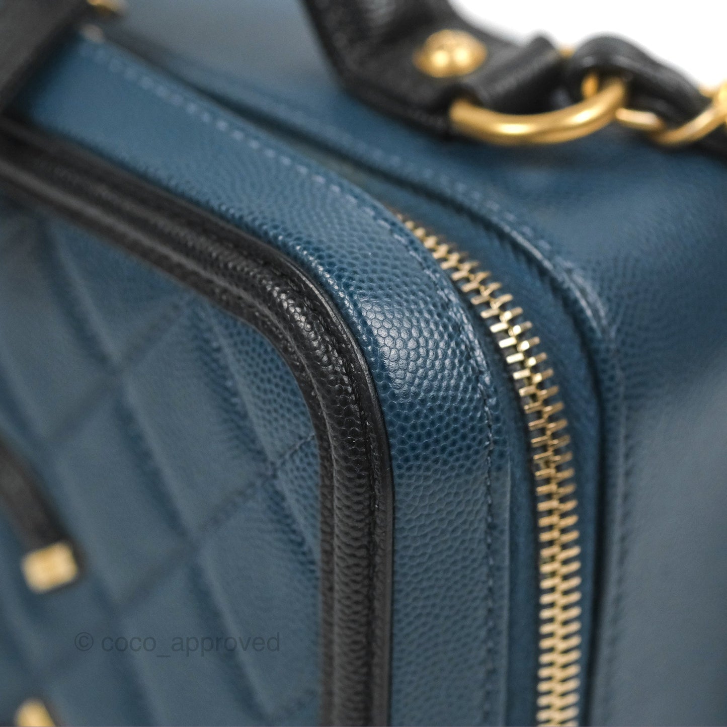Chanel Quilted Medium CC Filigree Vanity Case Navy Black Caviar Aged Gold Hardware