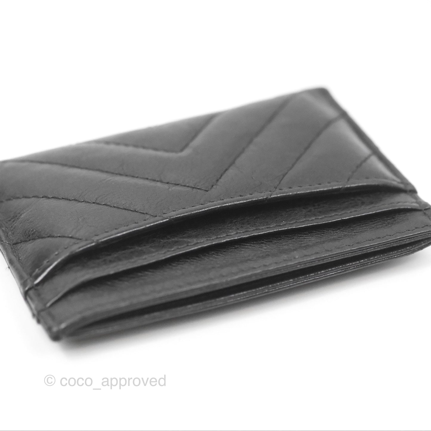 Chanel Classic Flat Card Holder Chevron Black Calfskin Gold Hardware