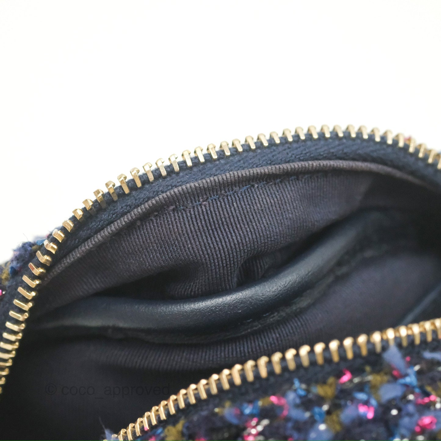 Chanel Classic Quilted Round Clutch With Chain Navy Tweed Gold Hardware