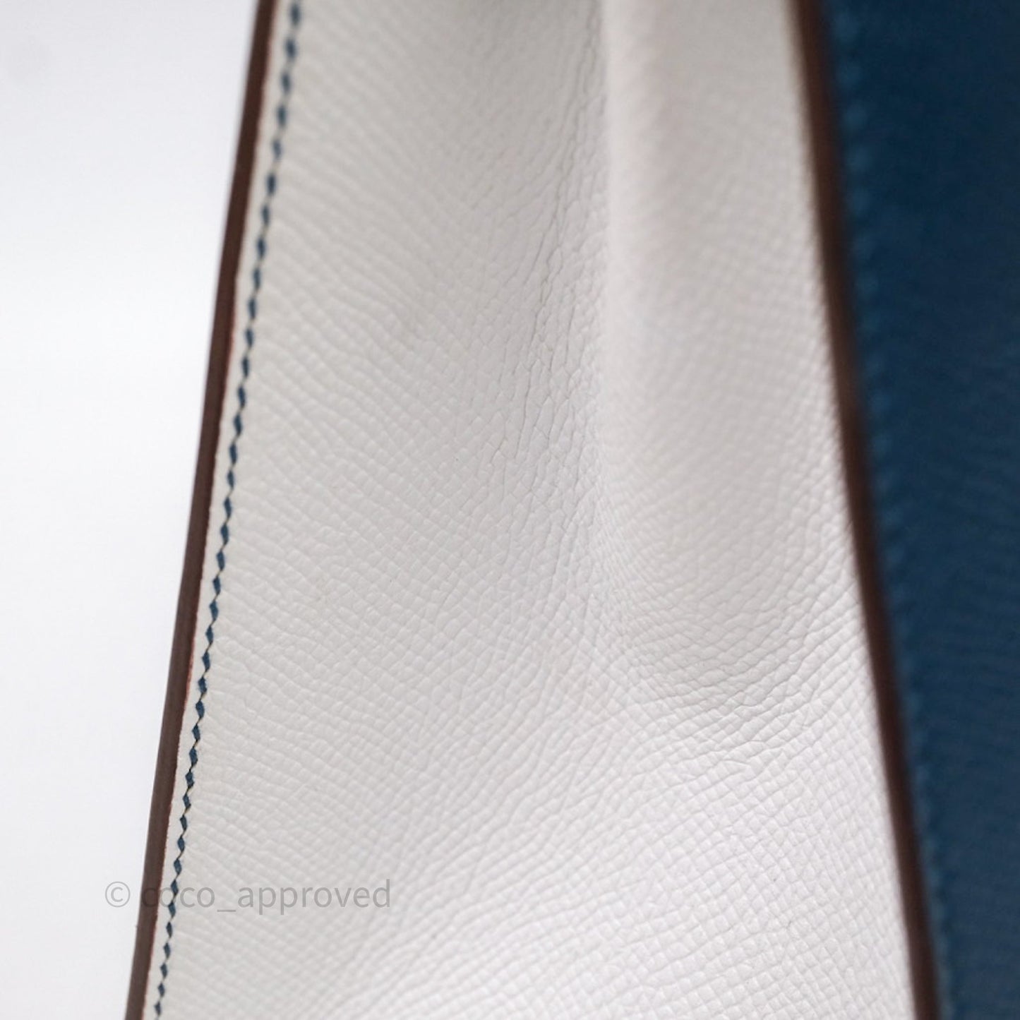 Hermès Kelly 32 Sellier Bleu Thalassa 7A/ White Epsom Palladium Hardware