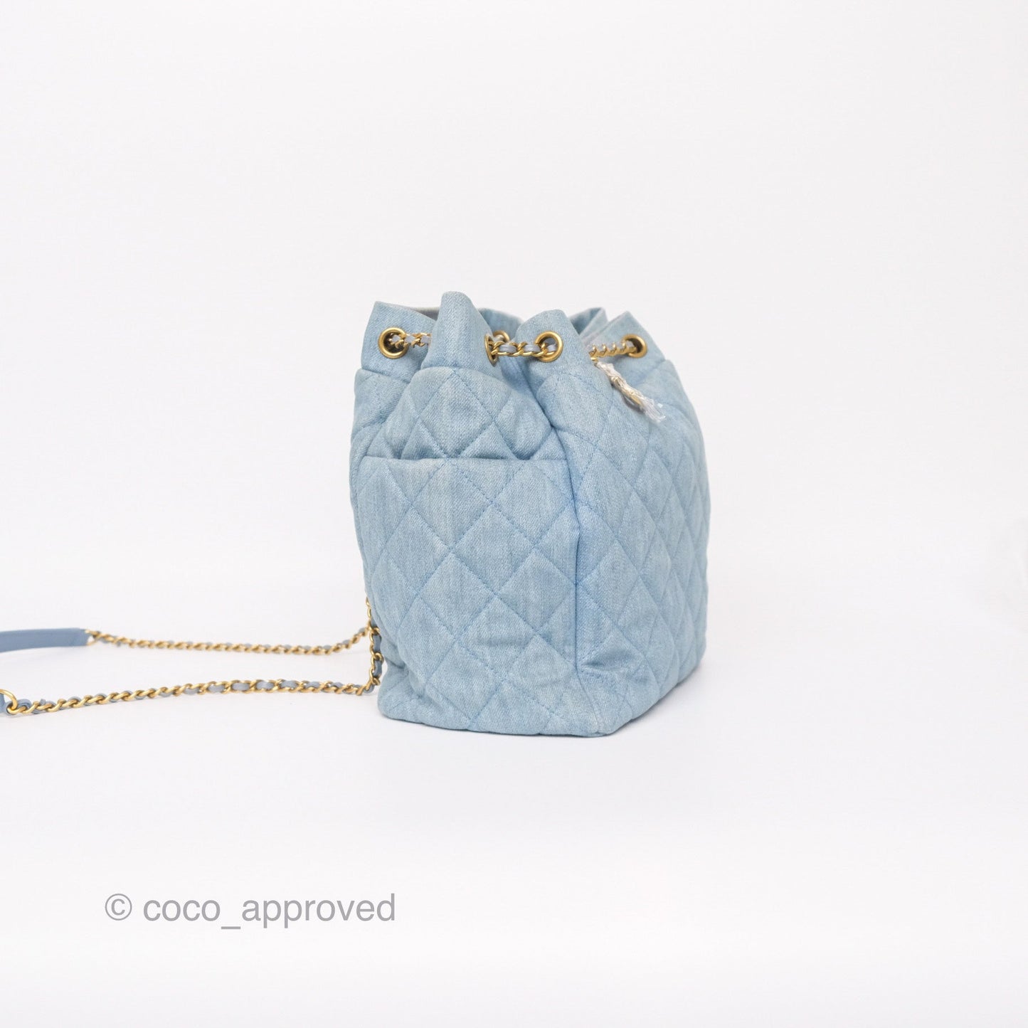 Chanel Drawstring Bucket Bag Denim Blue Aged Gold Hardware