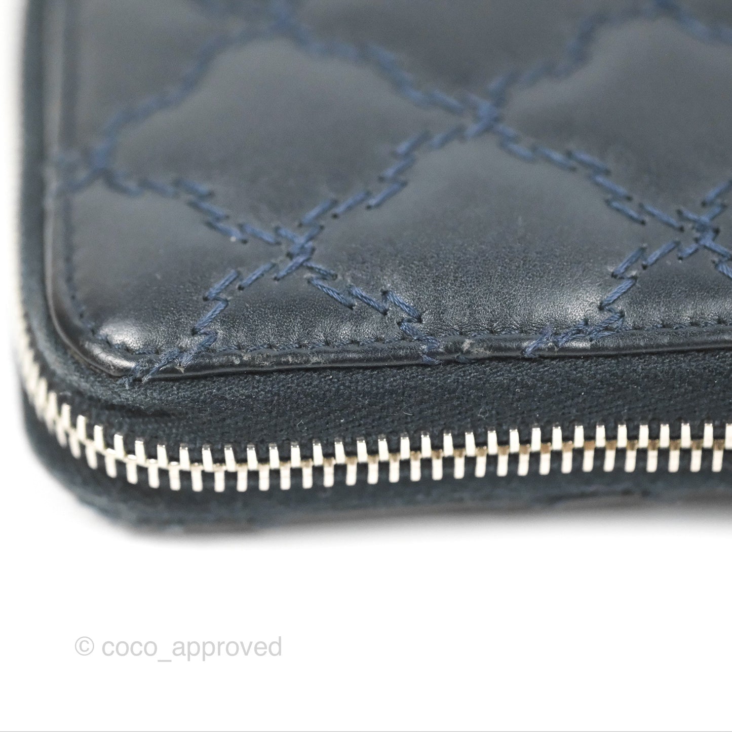 Chanel Quilted Zip Long Wallet Navy Lambskin Silver Hardware