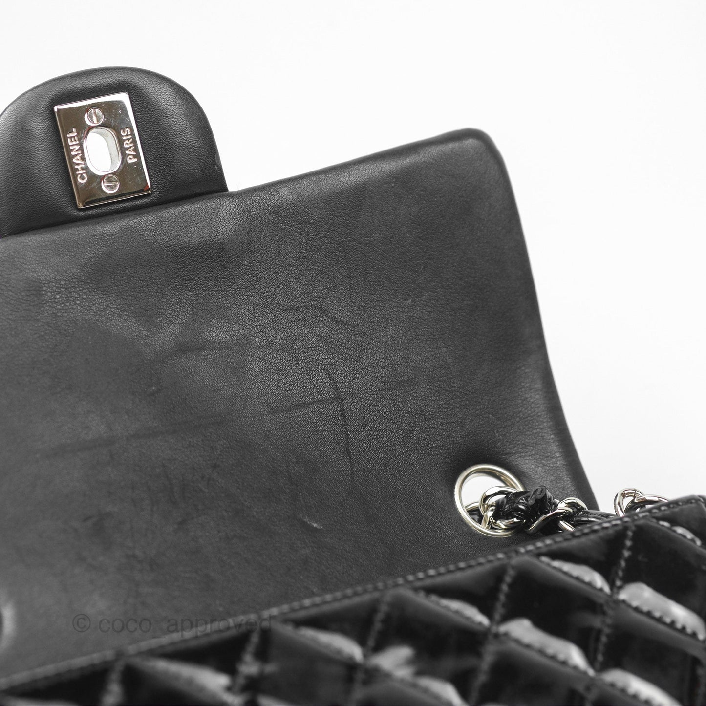 Chanel Quilted Mini Rectangular Flap Black Patent Silver Hardware