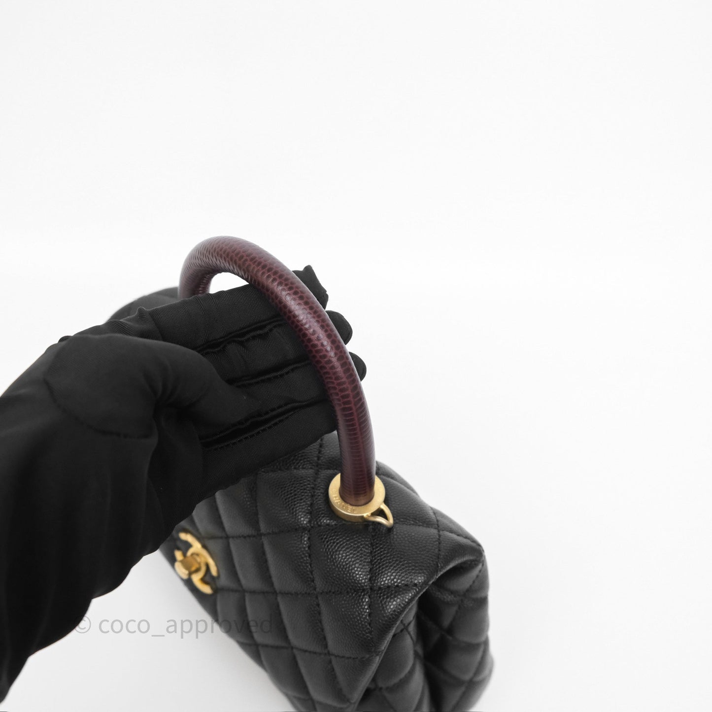 Chanel Small Coco Handle Quilted Black Caviar Aged Gold Hardware Lizard Handle