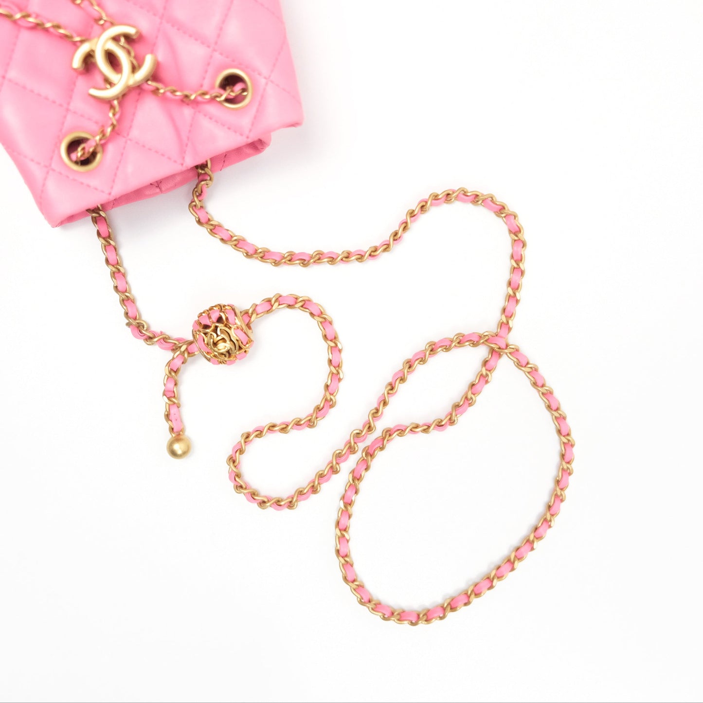 Chanel Pearl Crush Drawstring Bucket Bag Pink Lambskin Aged Gold Hardware