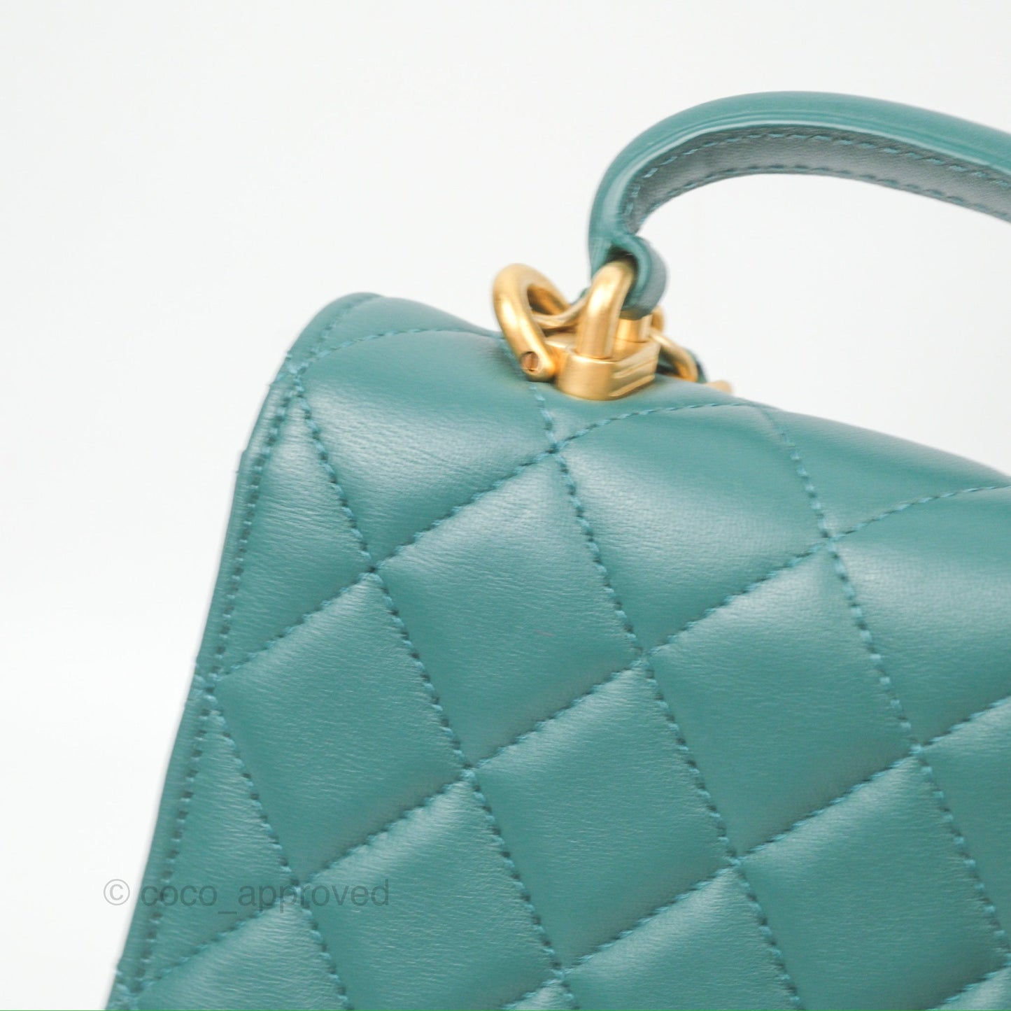 Chanel Mini Handle Flap Coin Purse With Chain Teal Green Lambskin Aged Gold Hardware
