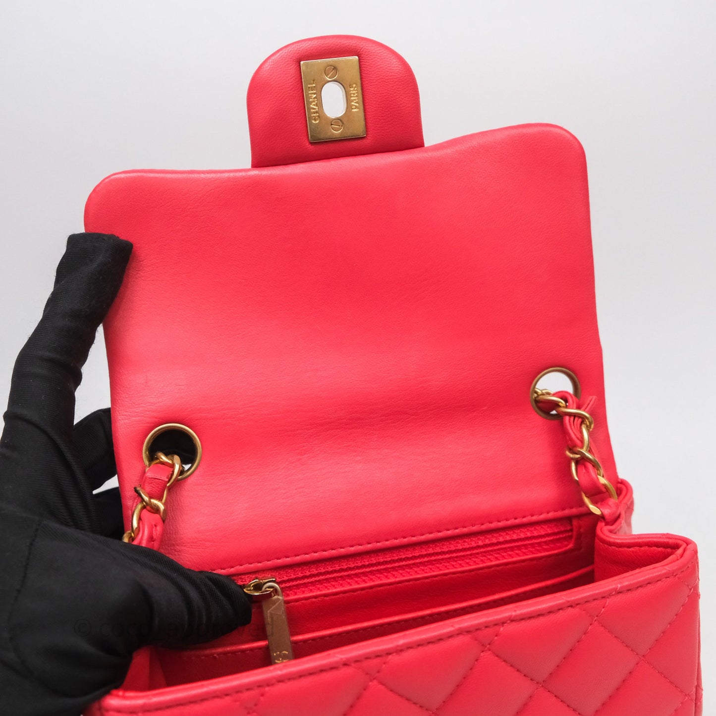Chanel Mini Square Quilted Red Lambskin Aged Gold Hardware