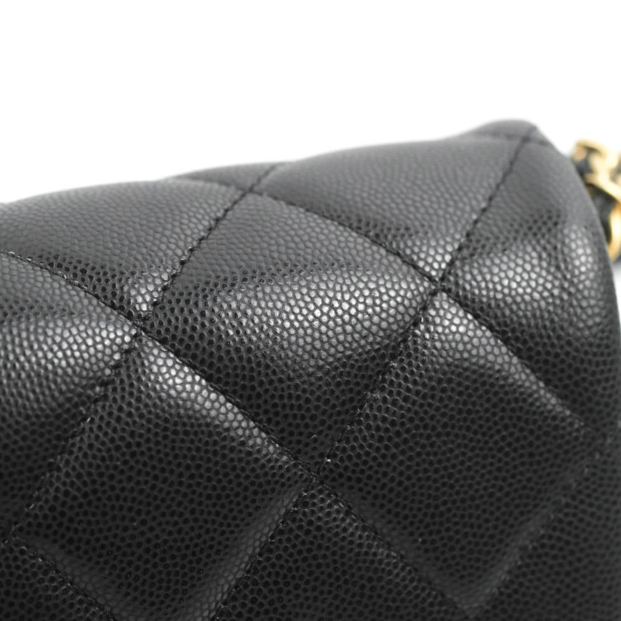 Chanel Small Flap with Coin Charm Black Caviar Aged Gold Hardware 22A