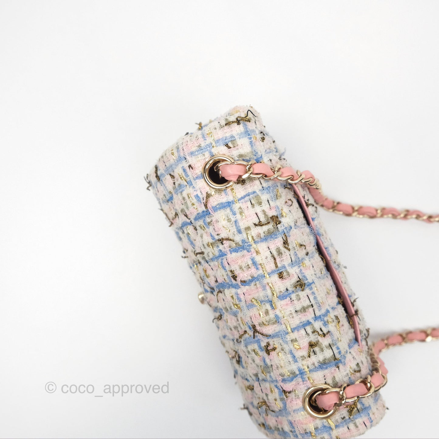 Chanel Mini Rectangular Flap Pink/ Blue/ Gold Tweed Gold Hardware